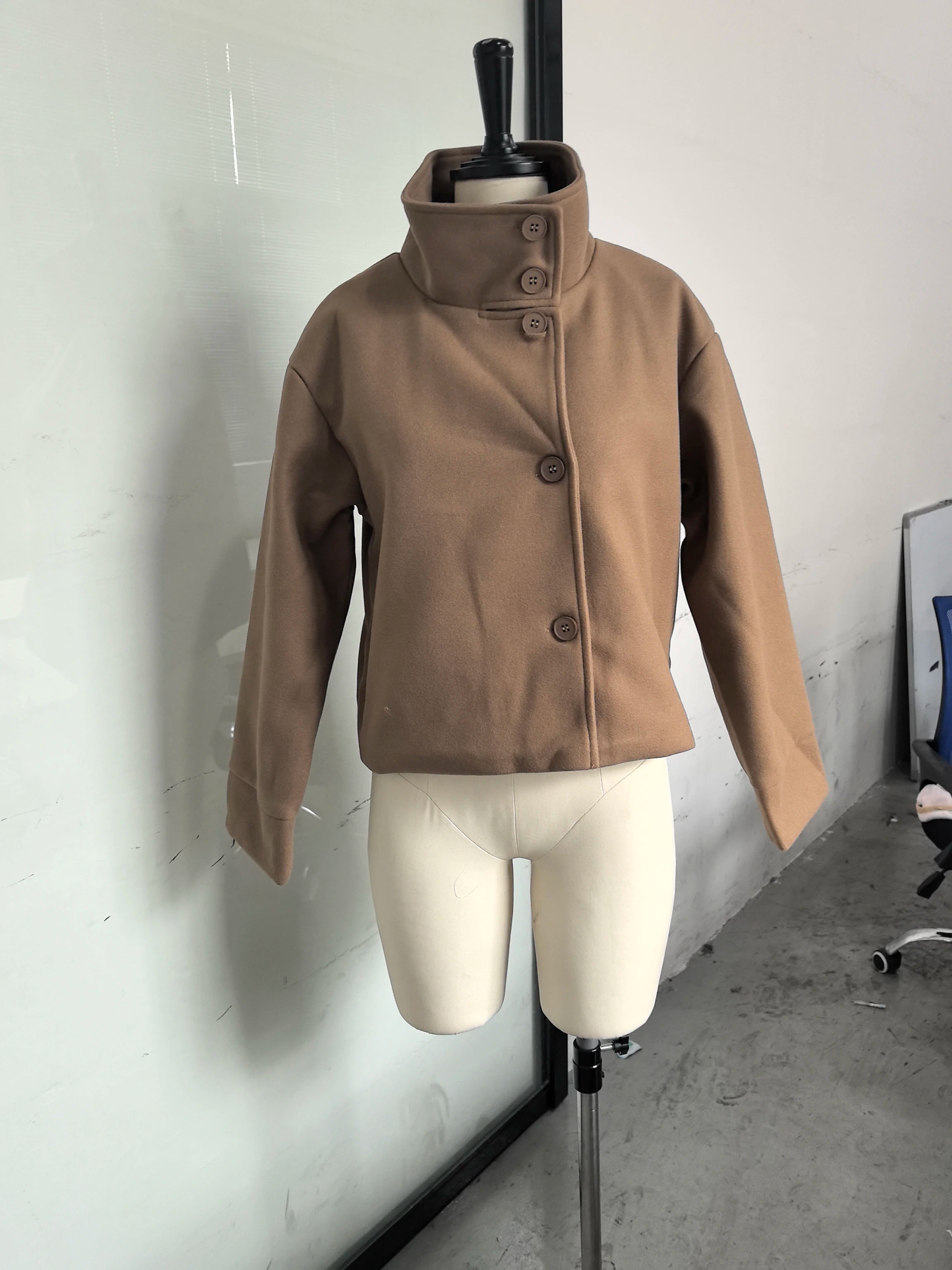 Stand Collar Woolen Coat - Women's Single-Breasted Loose Fit Short Coat