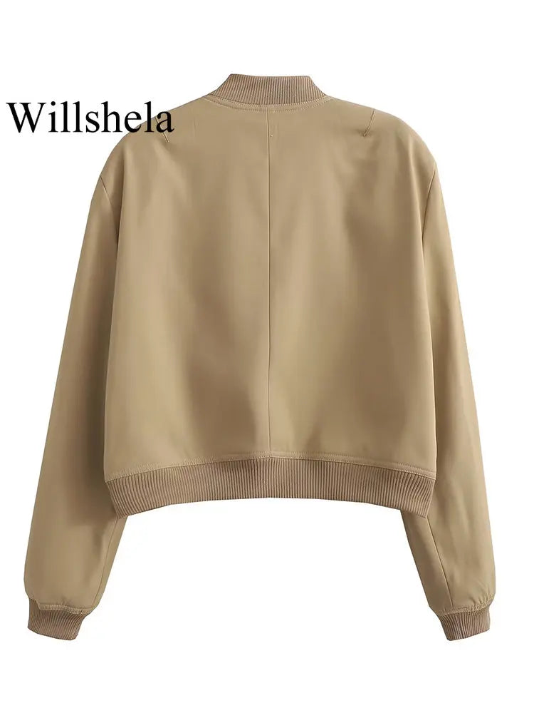 V-Neck Bomber Jacket with Pockets - Women's Single-Breasted Coat