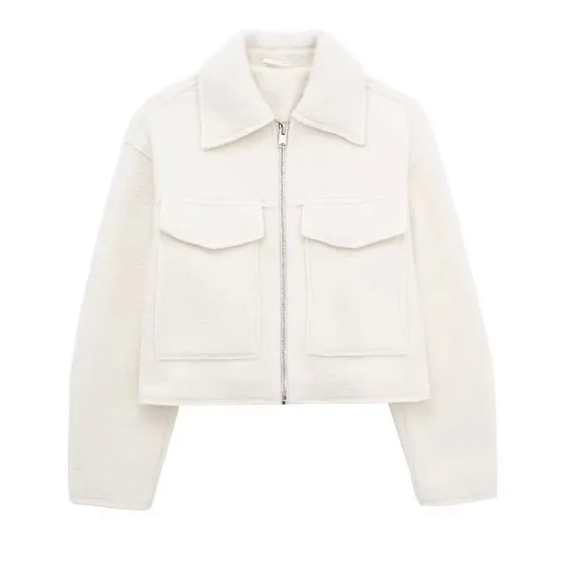 Front Zip Lapel Jacket - Women's Vintage Chic Coat with Pockets