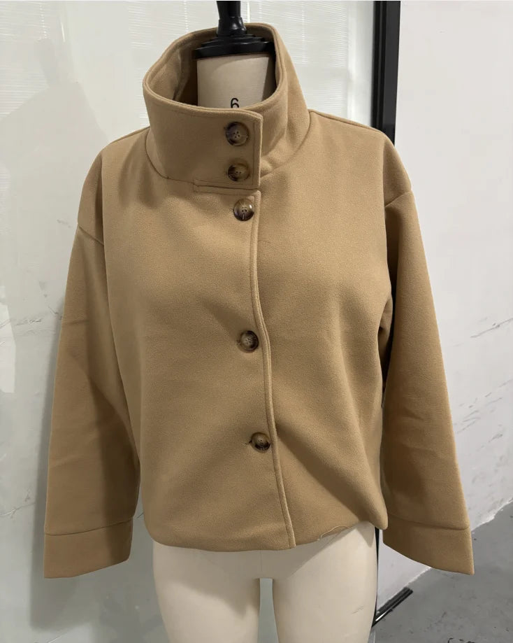 Stand Collar Woolen Coat - Women's Single-Breasted Loose Fit Short Coat