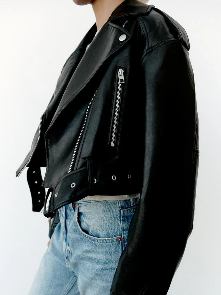 Faux Leather Biker Jacket with Belt - Women's Short Moto Coat