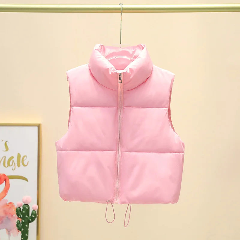 Quilted Down Vest with Stand Collar - Women's Cropped Winter Outerwear
