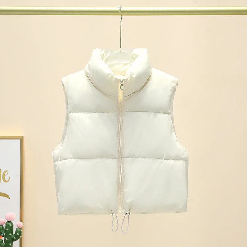 Quilted Down Vest with Stand Collar - Women's Cropped Winter Outerwear