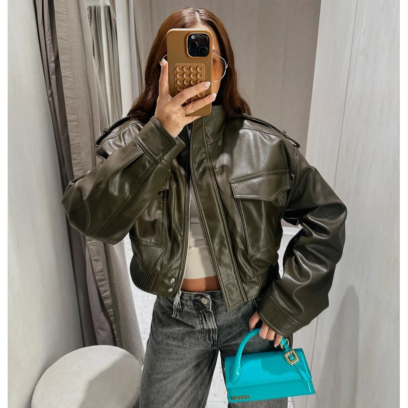 Faux Leather Cropped Bomber Jacket - Women's Zip-Up Overcoat