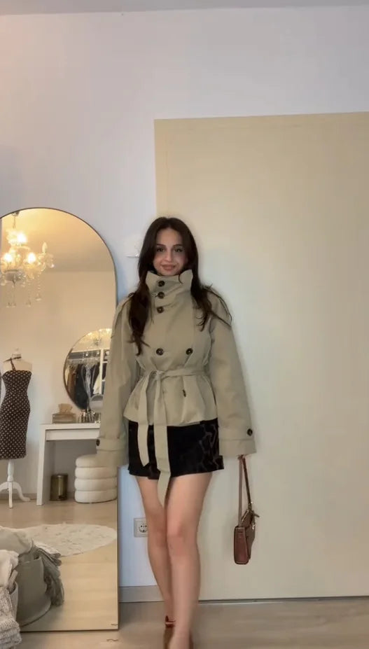 Belted Cropped Trench Jacket - Women's Double-Breasted Stand Collar Coat