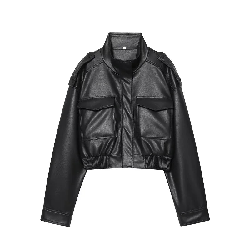 Faux Leather Cropped Bomber Jacket - Women's Zip-Up Overcoat