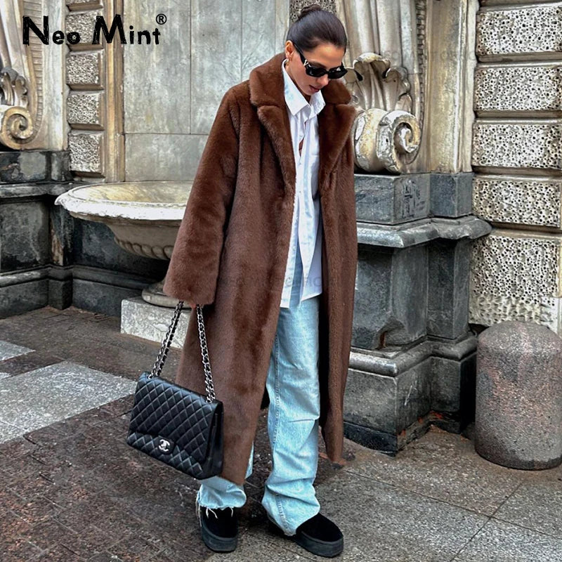 Luxury Faux Mink Fur Coat - Women's Long Warm Winter Overcoat