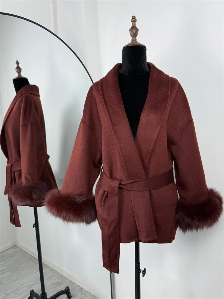 Fox Fur Trim Wool Overcoat - Women's Elegant Double-Sided Coat