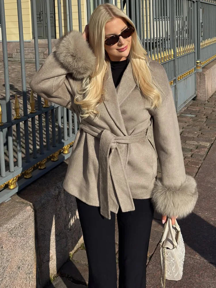 Fox Fur Trim Wool Overcoat - Women's Elegant Double-Sided Coat