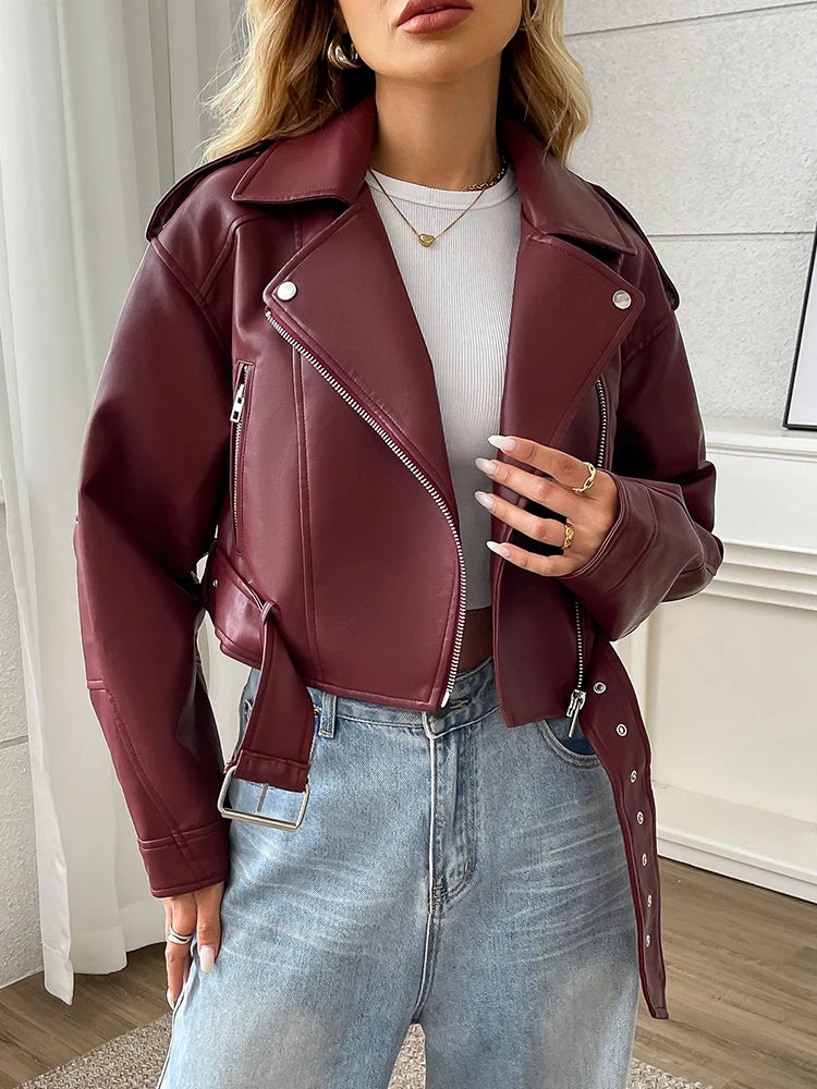 Faux Leather Biker Jacket with Belt - Women's Short Moto Coat