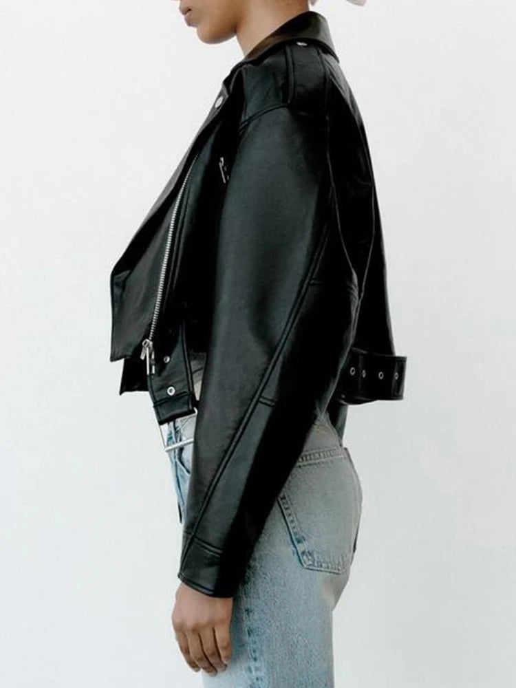 Faux Leather Biker Jacket with Belt - Women's Short Moto Coat