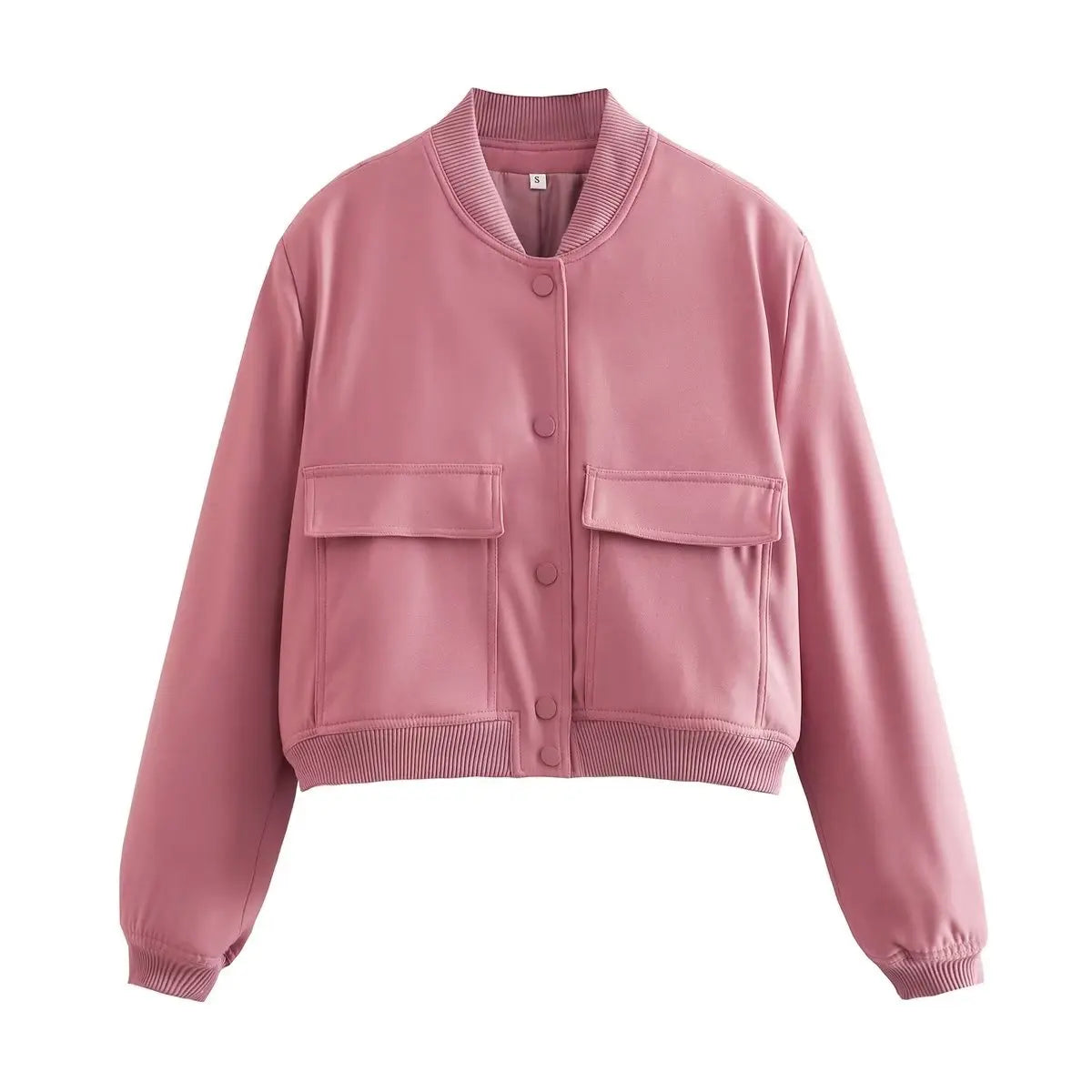V-Neck Bomber Jacket with Pockets - Women's Single-Breasted Coat