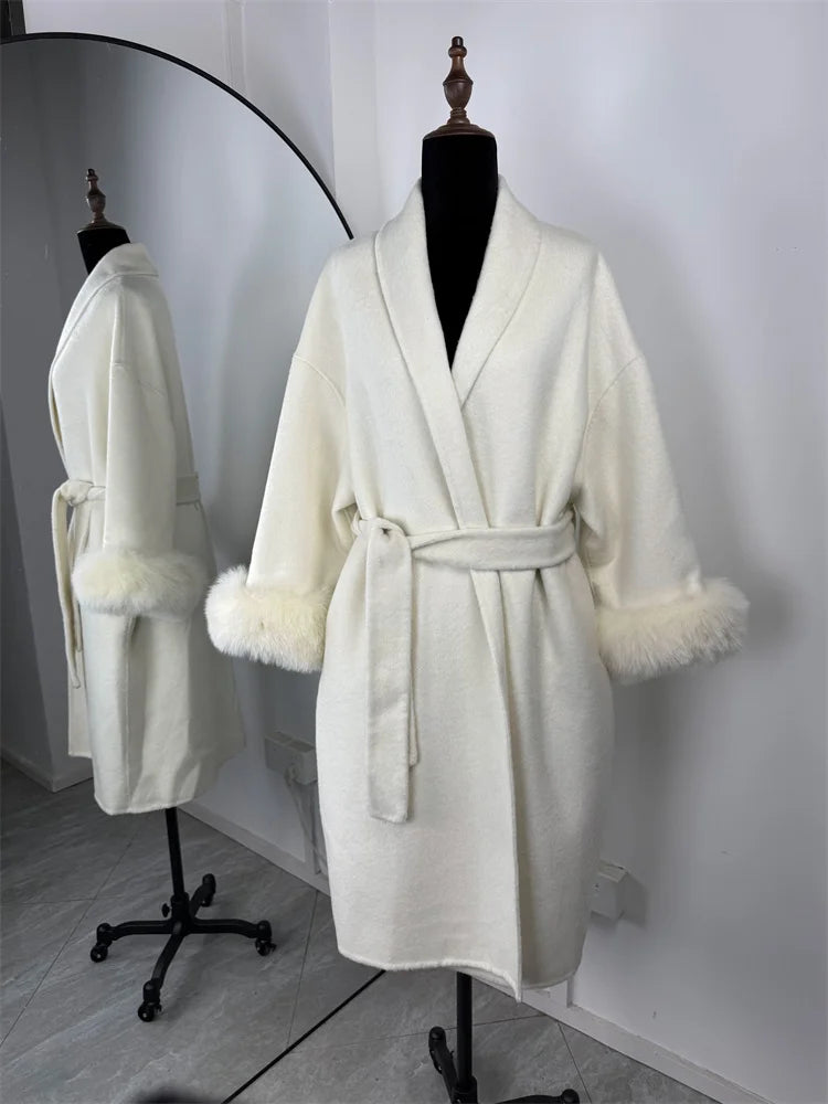 Fox Fur Trim Wool Overcoat - Women's Elegant Double-Sided Coat