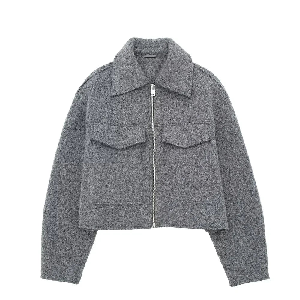 Front Zip Lapel Jacket - Women's Vintage Chic Coat with Pockets