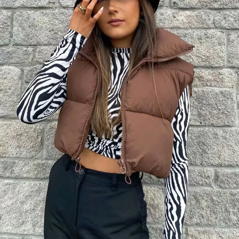 Quilted Down Vest with Stand Collar - Women's Cropped Winter Outerwear