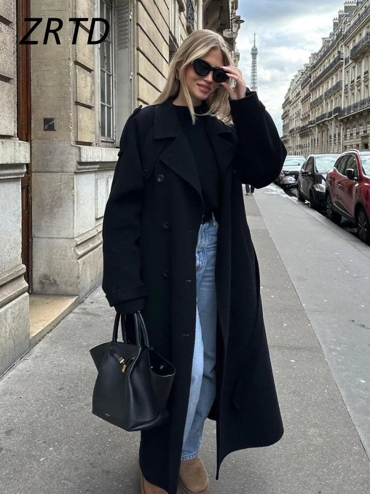 Belted Woolen Overcoat - Women's Double-Breasted Long Trench Coat