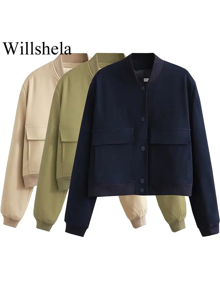V-Neck Bomber Jacket with Pockets - Women's Single-Breasted Coat