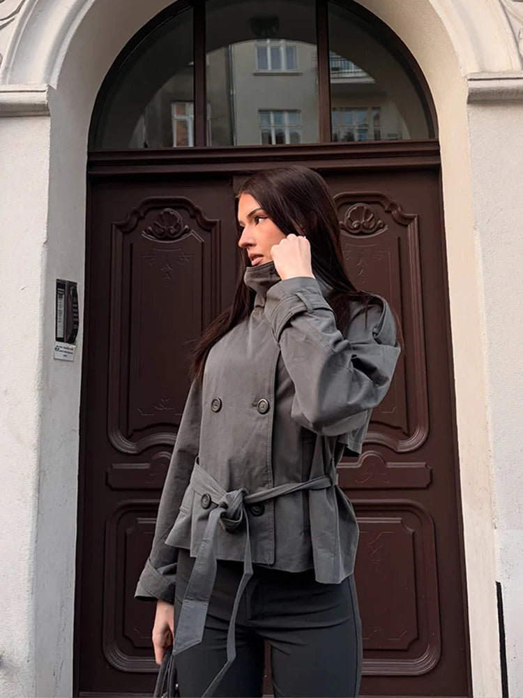 Lace-Up Trench Coat - Women's Double-Breasted Stand Collar Outerwear