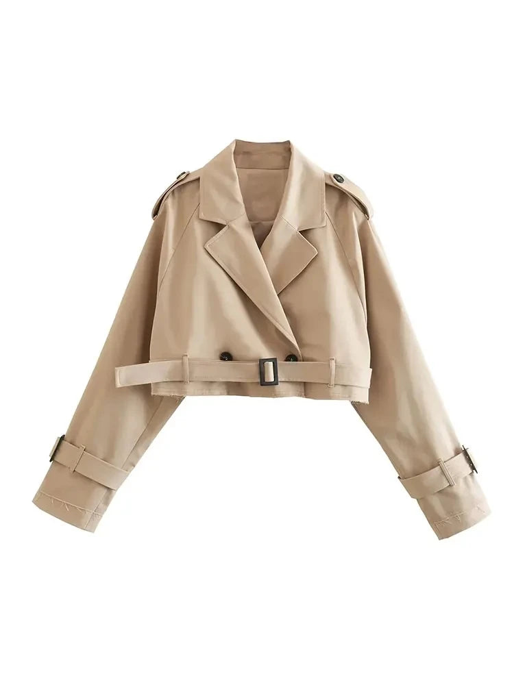 Belted Cropped Trench Jacket - Women's Vintage Double-Breasted Coat