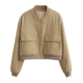 V-Neck Bomber Jacket with Pockets - Women's Single-Breasted Coat