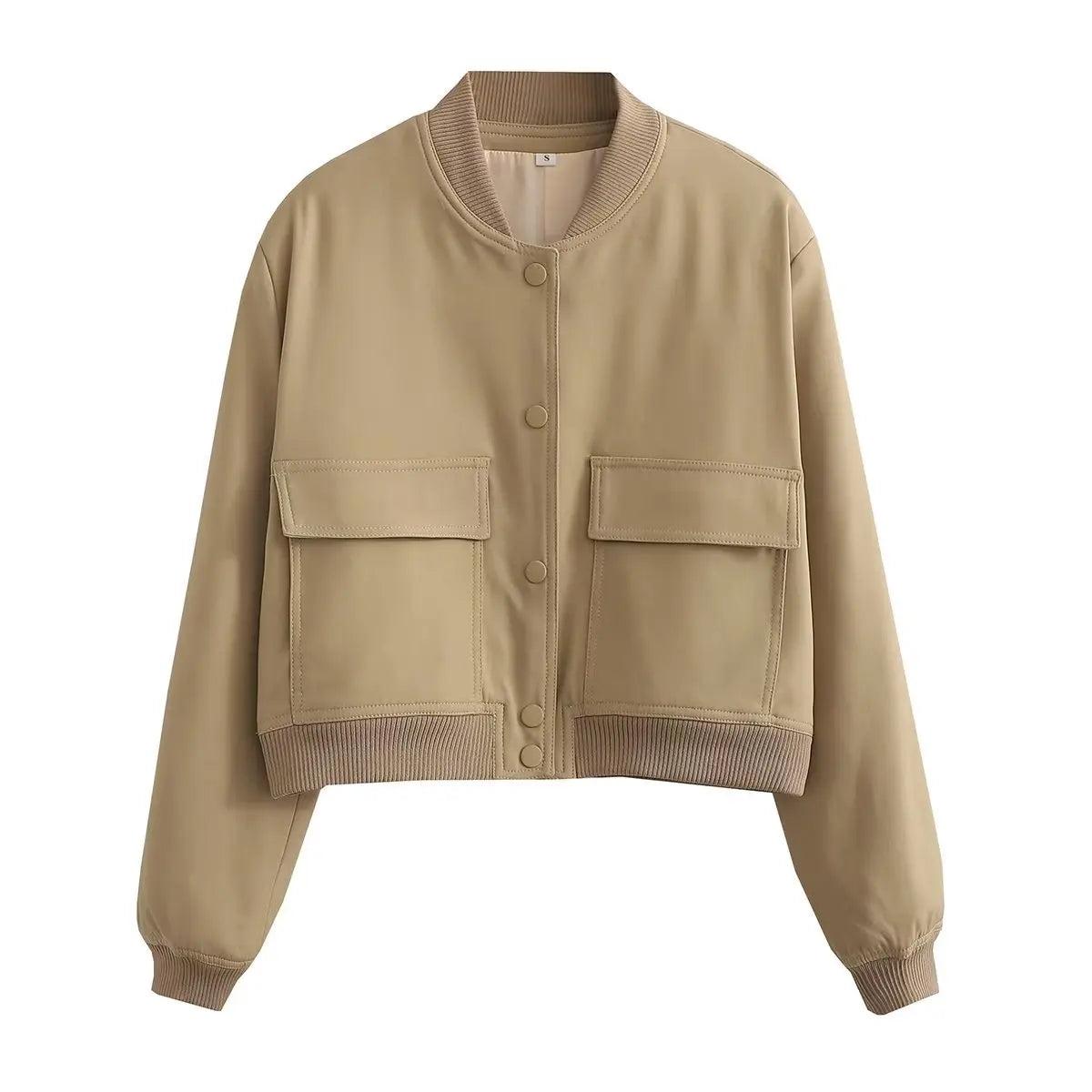 V-Neck Bomber Jacket with Pockets - Women's Single-Breasted Coat