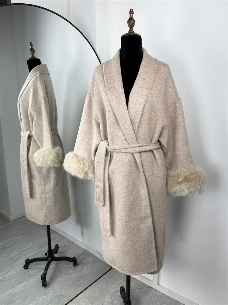 Fox Fur Trim Wool Overcoat - Women's Elegant Double-Sided Coat