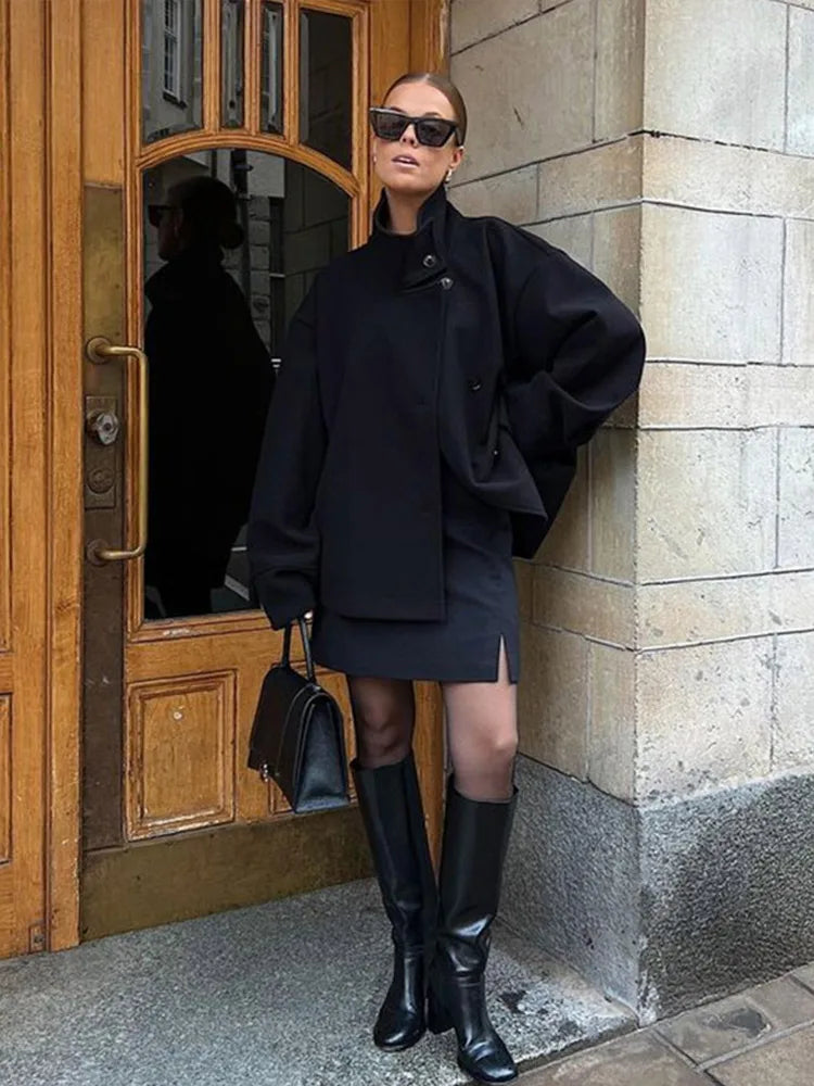 Stand Collar Woolen Coat - Women's Single-Breasted Loose Fit Short Coat