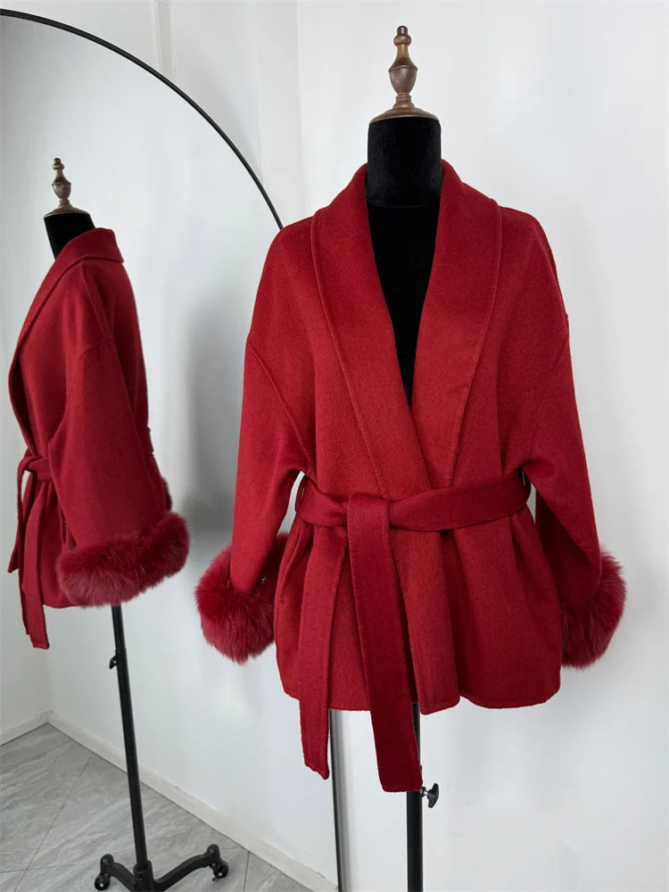 Fox Fur Trim Wool Overcoat - Women's Elegant Double-Sided Coat