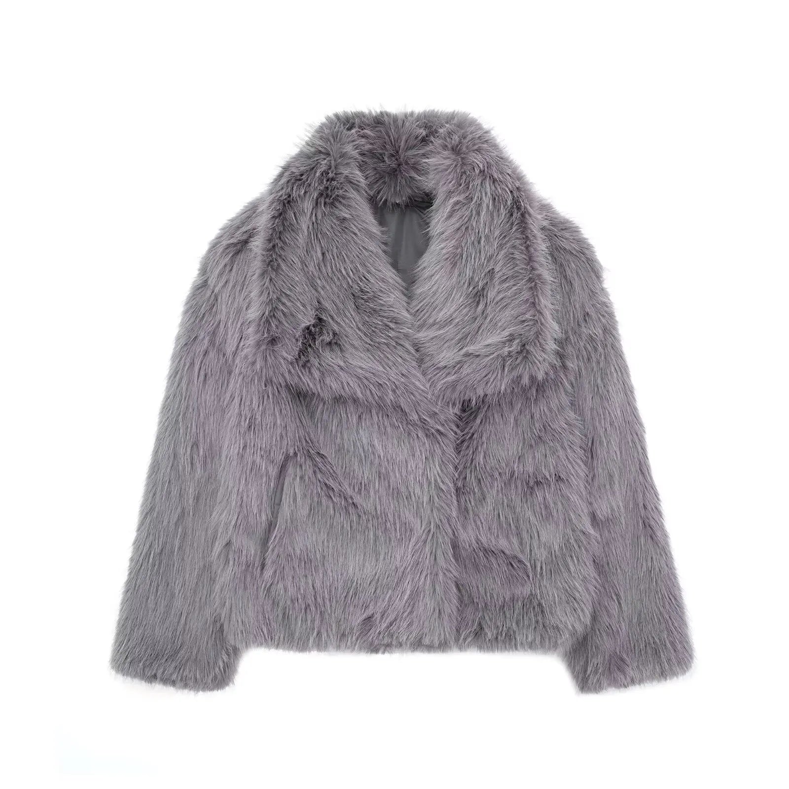 Cropped Faux Fur Jacket - Women's Thick Lapel Collar Coat