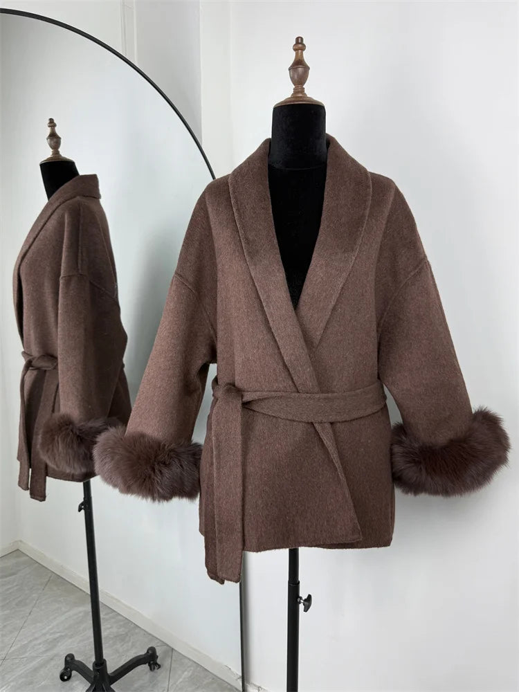 Fox Fur Trim Wool Overcoat - Women's Elegant Double-Sided Coat