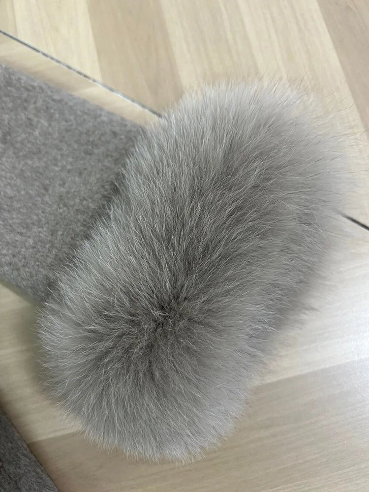 Fox Fur Trim Wool Overcoat - Women's Elegant Double-Sided Coat