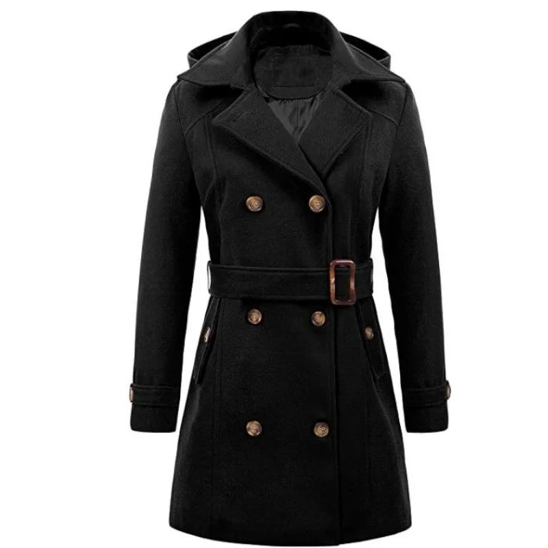 Hooded Woolen Overcoat - Women's Mid-Length Double-Breasted Winter Jacket