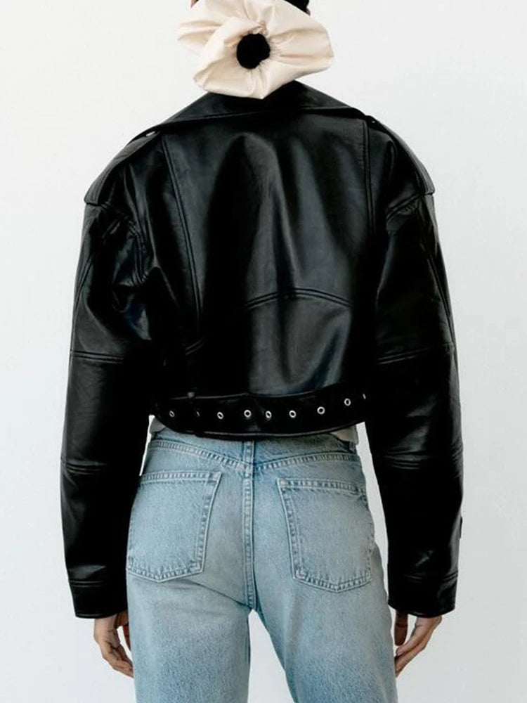Faux Leather Biker Jacket with Belt - Women's Short Moto Coat