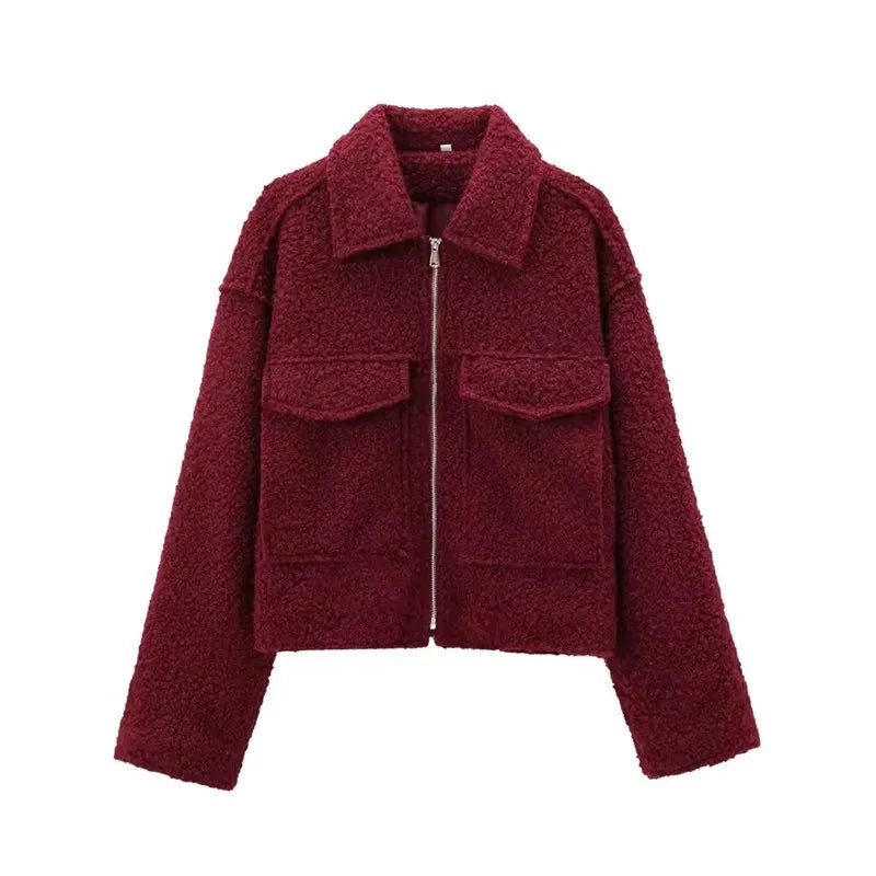 Front Zip Lapel Jacket - Women's Vintage Chic Coat with Pockets
