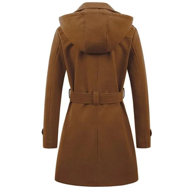 Hooded Woolen Overcoat - Women's Mid-Length Double-Breasted Winter Jacket