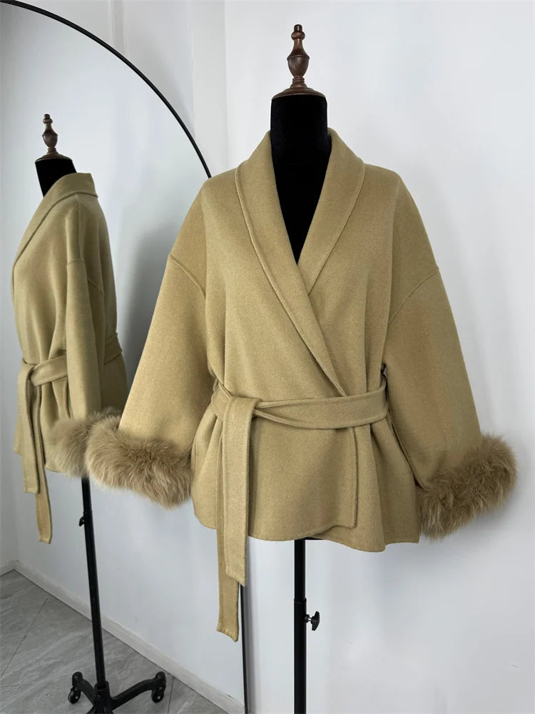 Fox Fur Trim Wool Overcoat - Women's Elegant Double-Sided Coat