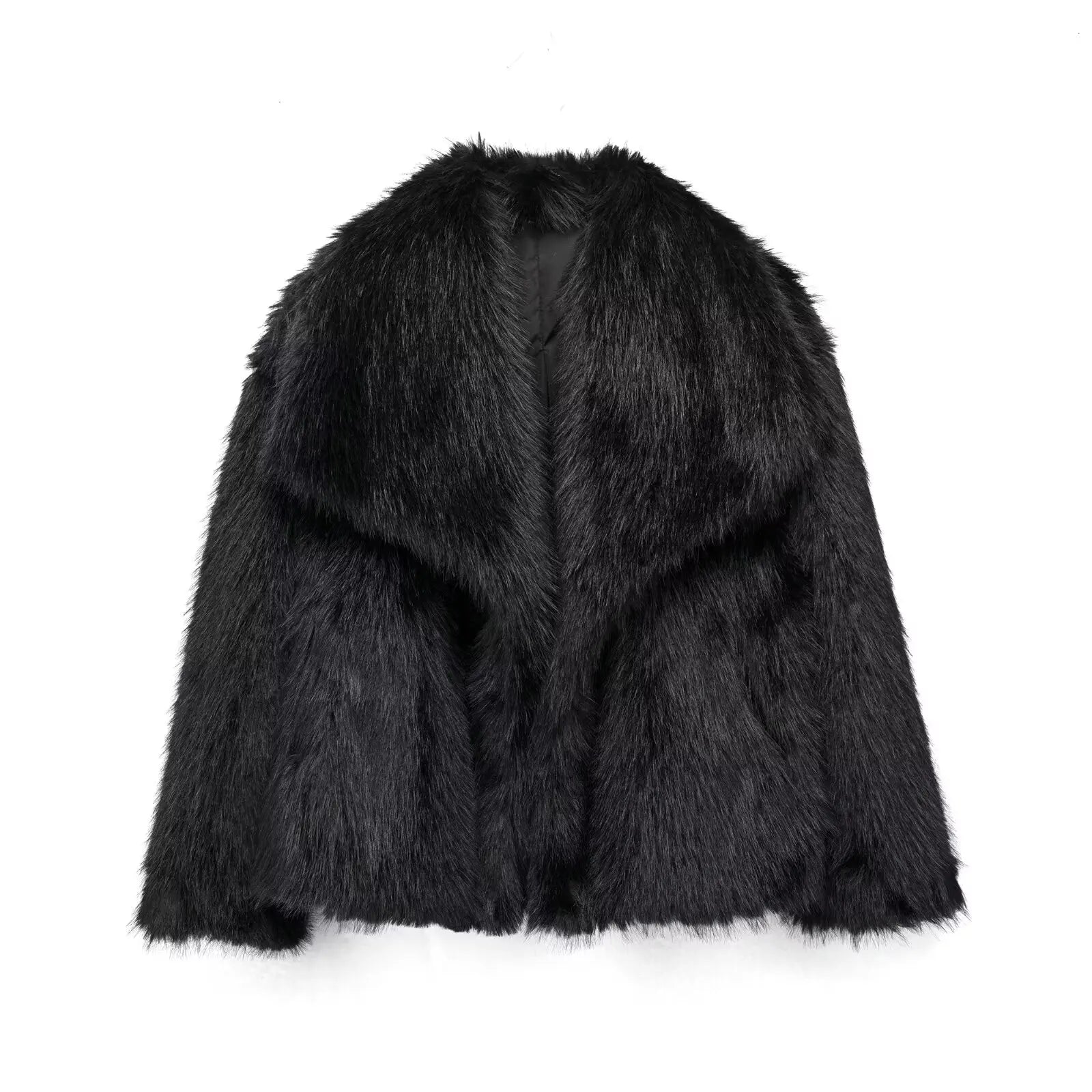 Cropped Faux Fur Jacket - Women's Thick Lapel Collar Coat