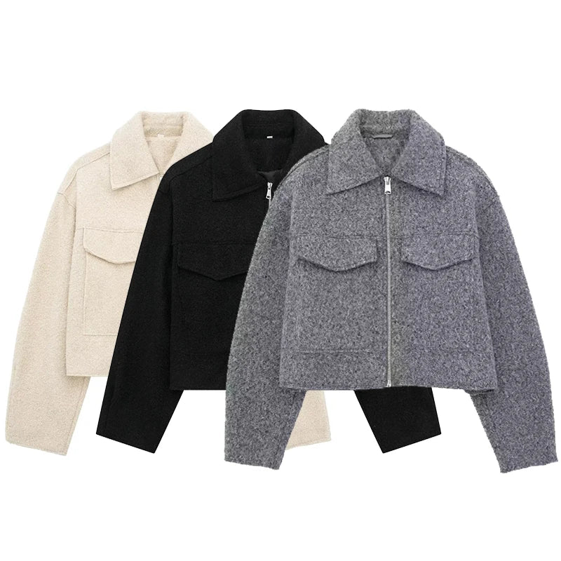 Front Zip Lapel Jacket - Women's Vintage Chic Coat with Pockets
