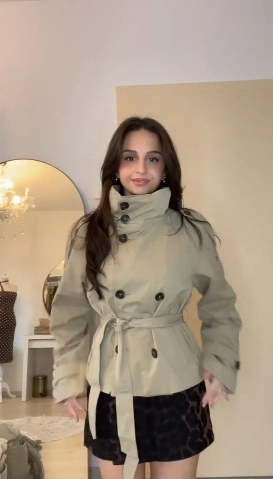 Belted Cropped Trench Jacket - Women's Double-Breasted Stand Collar Coat