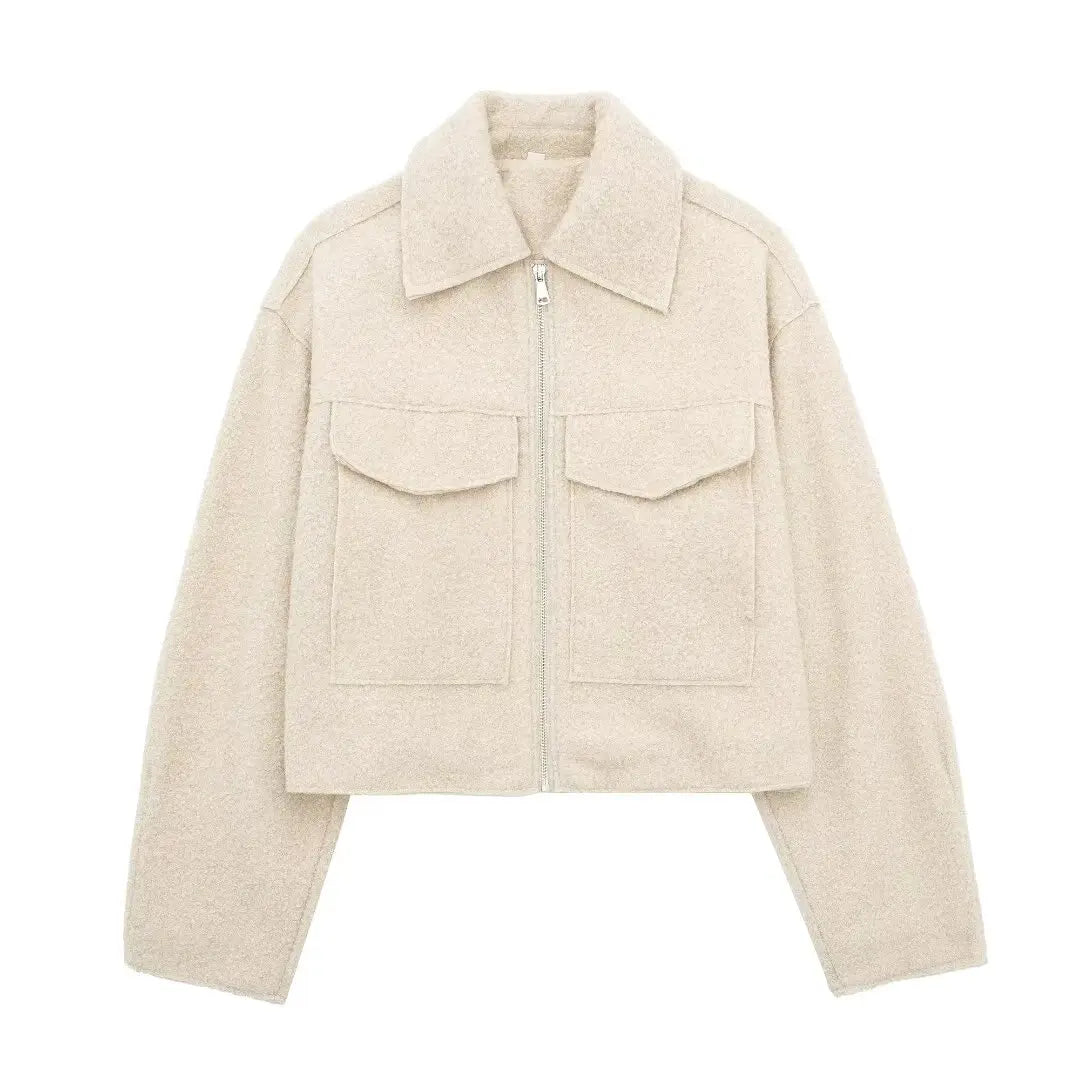 Front Zip Lapel Jacket - Women's Vintage Chic Coat with Pockets