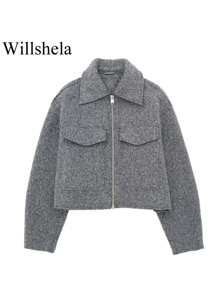 Front Zip Lapel Jacket - Women's Vintage Chic Coat with Pockets