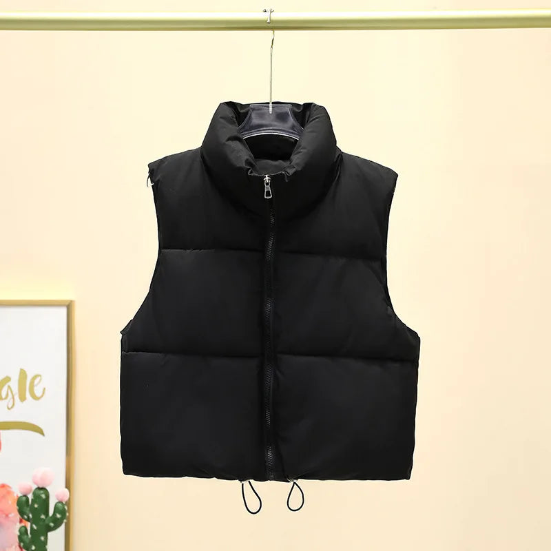 Quilted Down Vest with Stand Collar - Women's Cropped Winter Outerwear