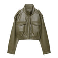 Faux Leather Cropped Bomber Jacket - Women's Zip-Up Overcoat