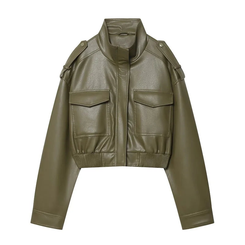 Faux Leather Cropped Bomber Jacket - Women's Zip-Up Overcoat