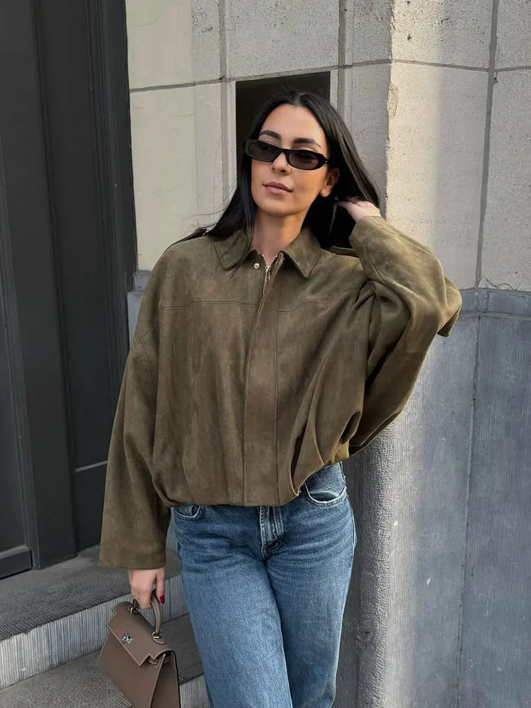 Suede-Texture Bat Sleeve Coat - Women's Loose Fit Lapel Jacket