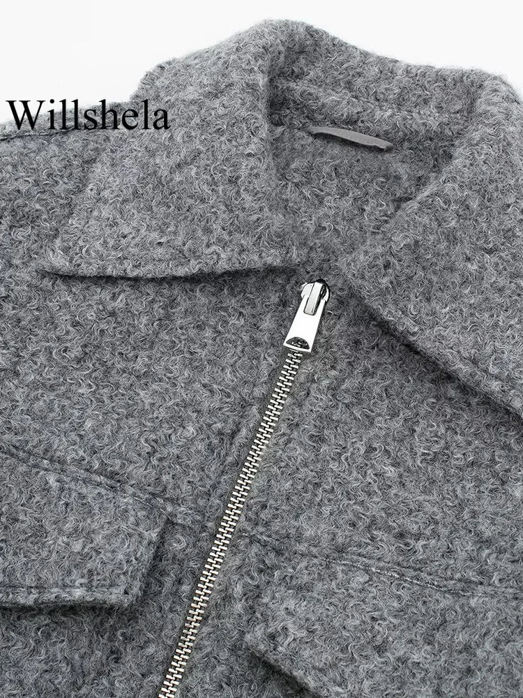 Front Zip Lapel Jacket - Women's Vintage Chic Coat with Pockets