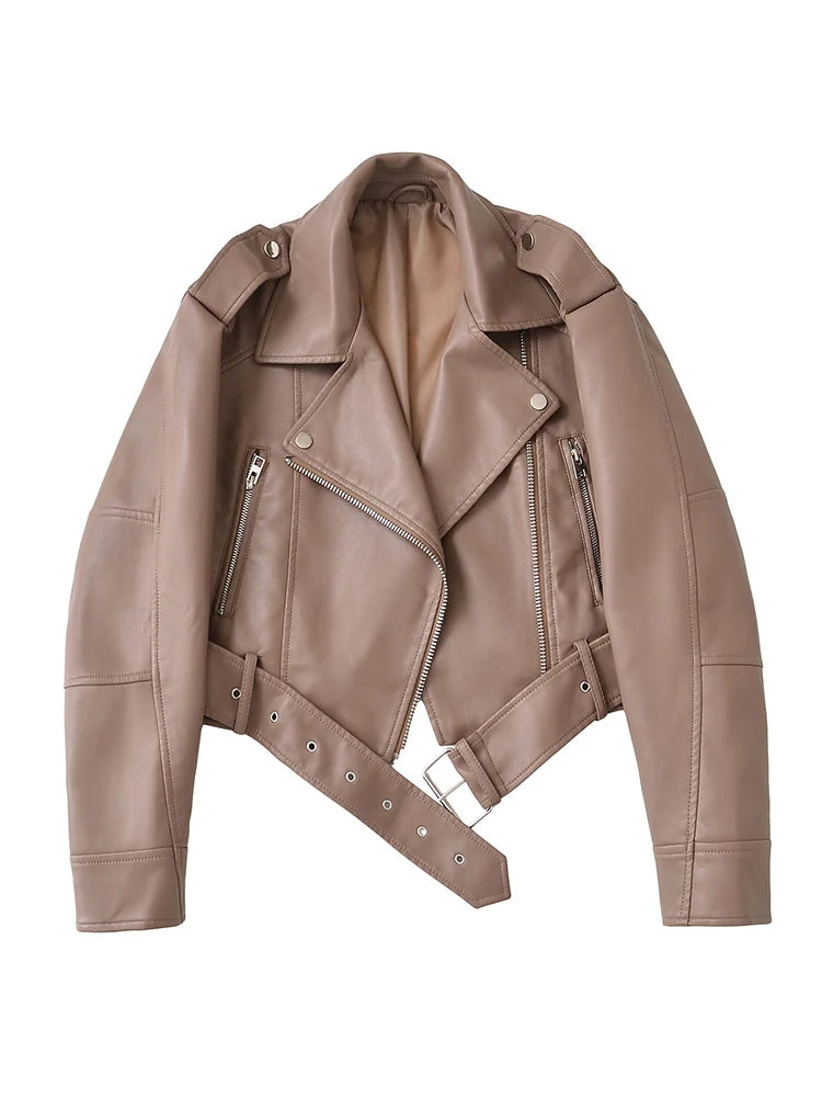 Faux Leather Biker Jacket with Belt - Women's Short Moto Coat