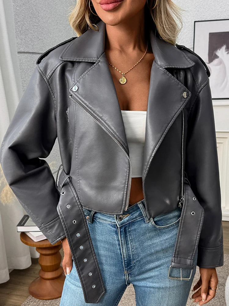 Faux Leather Biker Jacket with Belt - Women's Short Moto Coat