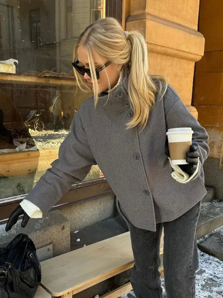 Stand Collar Woolen Coat - Women's Single-Breasted Loose Fit Short Coat