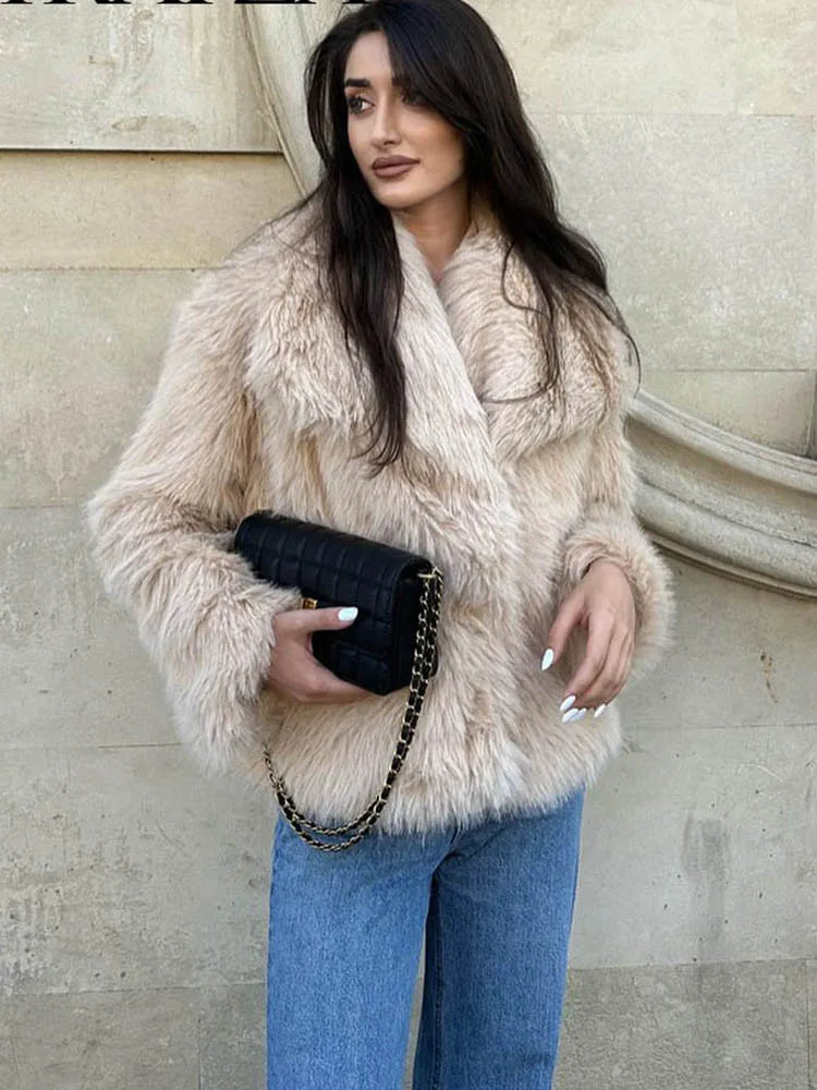 Cropped Faux Fur Jacket - Women's Thick Lapel Collar Coat